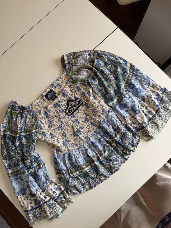 Angie Tops - Angie Blue, Cream & Green Boho Smocked Peasant Top L